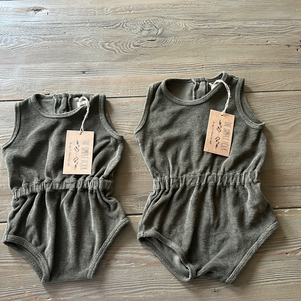 🫒THE VINTAGE ROMPER olive organic terry THE SIMPLE FOLK 9/12 & 18/24 months NWT